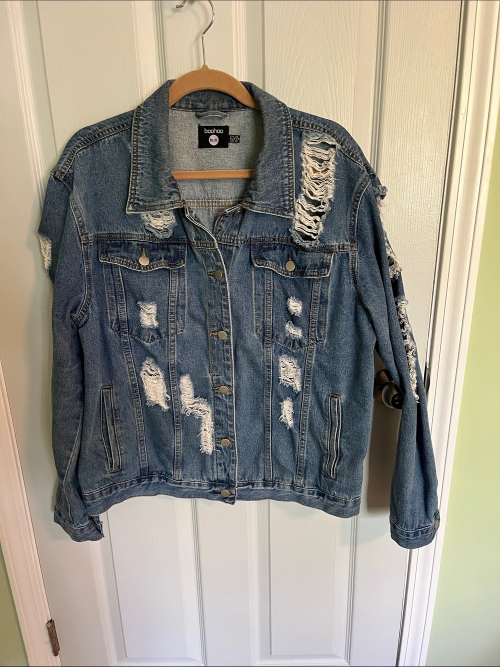 boohoo Distressed Light Blue Denim Jacket with Rips